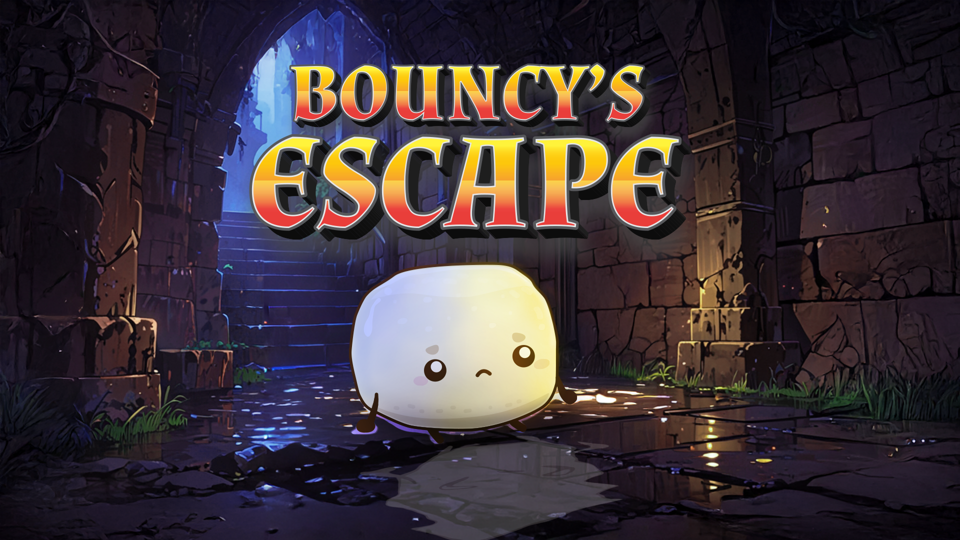 Title card for "BOUNCY'S ESCAPE" featuring Bouncy looking concerned inside a dark stone dungeon with illuminated stairs in the background.